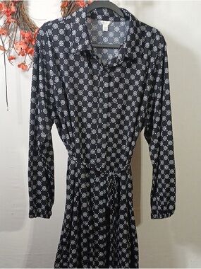 Black Printed Shirt Dress with Tie Waist
